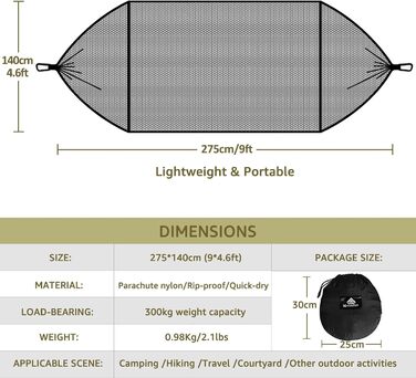 Туристичний кемпінг-гамак NatureFun преміум-класу з москітною сіткою з максимальною вантажопідйомністю 300 кг, дихаючий швидковисихаючий нейлон 2 карабіни та 2 стропи в комплекті чорний