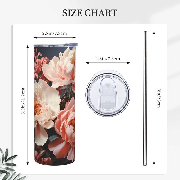Кухоль з прямою трубочкою, 590 мл, яскраво-білі півонії, принт, дорожній кухоль, підходить для кемпінгу, офісу та дому.