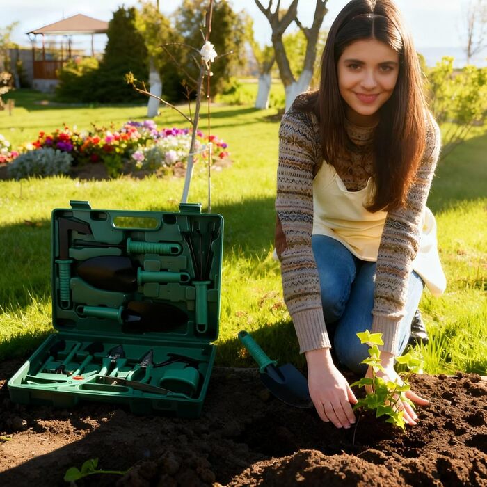 Набір садових інструментів Coolty, 13 предметів, з кейсом для зберігання ідеальний вибір для садівників (Зелений)