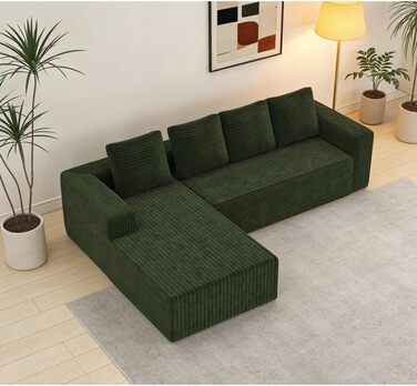 Кутовий диван, 4-місний диван, 3-місний диван, модульний компресійний диван з L-подібним шезлонгом, не потребує складання (плюс вельветова тканина) (зелений)