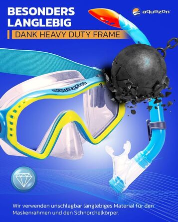 Дитячий комплект для підводного плавання AQUAZON Starfish - Маска для дайвінгу з надзвичайно зручною текстильною пов&39язкою на голову - 7-12 років - включаючи трубку, супер прозоре загартоване скло, синє