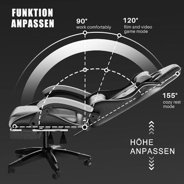 Ергономічне ігрове крісло з підставкою для ніг, підголівником та поперековою опорою. Регульоване по висоті м&39яке ігрове крісло, крісло для ПК, обертове крісло, чорний (чорно-сірий).
