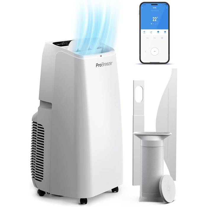 Мобільний кондиціонер Pro Breeze 4-в-1 12000 BTU (розмір кімнати 50) з додатком і Wi-Fi - Мобільний кондиціонер для опалення та охолодження, вентилятор, осушувач - клас енергоспоживання A, витяжний шланг, 24-годинний таймер