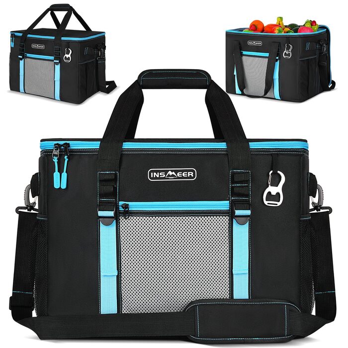 Велика сумка-холодильник 50 л, складна сумка-холодильник на 80 банок, складна/герметична з відкривачкою, велика сумка/холодильник для пікніка для кемпінгу, пляжу, пікніків, сімейних прогулянок на 4 особи, чорна