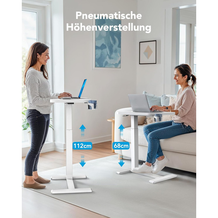 Журнальний столик HUANUO з колесами, регульований по висоті бічний столик зі стільницею 70 x 40 см, мобільний пневматичний невеликий столик для ноутбука з підставкою для чашок для домашнього офісу, білий 70 x 40 см