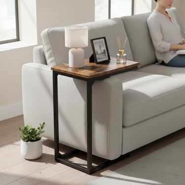 Набір з 2 приставних столиків AMHANCIBLE, журнальний столик C-подібної форми, стіл для вітальні з металевим каркасом, мобільний журнальний столик, журнальний столик-диван для кави та ноутбука, приставний столик для спальні, вітальня, коричневий