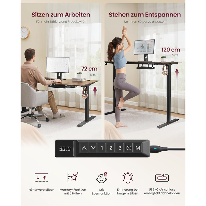 Стіл VASAGLE з регульованою висотою, 160 x 80 см, порт USB-C, подовжувач для зберігання, стіл для роботи стоячи, нагадування про тривале сидіння, 3 кнопки пам&39яті, для офісу, вінтажний коричневий LSD146KD02 160 x 80 см вінтажний коричневий