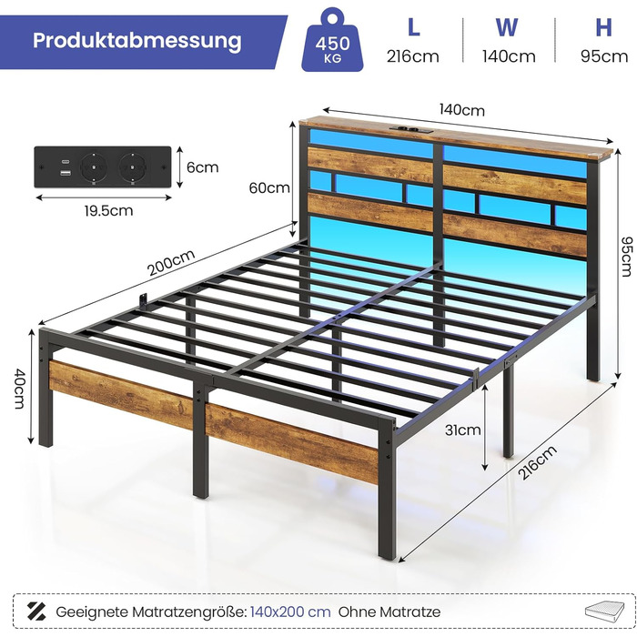 Ліжко 140x200 з металевою рейковою основою, двоспальний каркас ліжка 140x200 см зі світлодіодним освітленням та зарядною станцією (2 розетки змінного струму, 1 порт USB та 1 порт Type-C), металеве ліжко з узголів&39ям, чорно-коричневе, 140x200 см