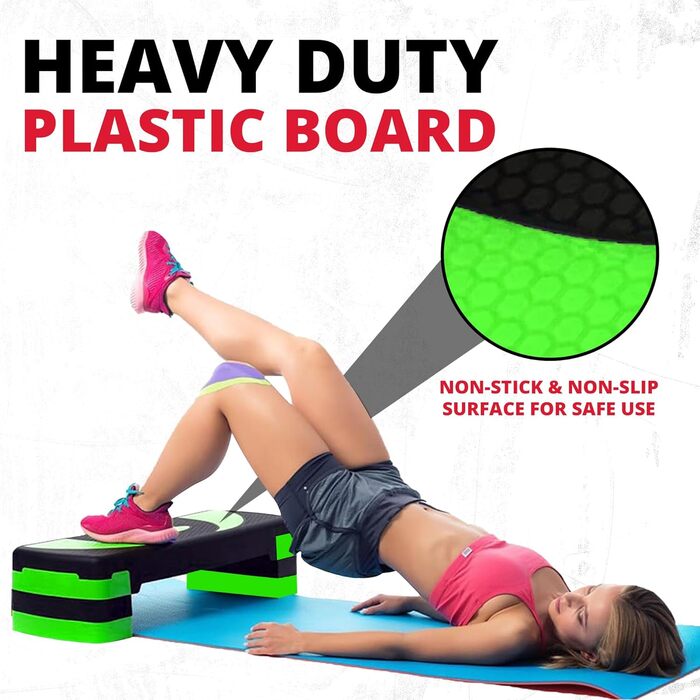 Фітнес-степер MAXSTRENGTH для тренувань, регулювання висоти у 5 положеннях (10 см, 15 см, 20 см, 25 см, 30 см), нековзка підніжка для аеробних вправ, вправ на витривалість, кардіо, йоги, комплексів, зелений/чорний