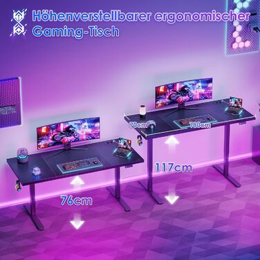 Стіл OffiGo з регульованою висотою 180x70 см, стільниця 35 мм, електричний стіл з розеткою, стіл для роботи стоячи з міцними Т-подібними ніжками, ідеальна ергономіка для офісу, ігор, чорний 180 x 70 см (35 мм)