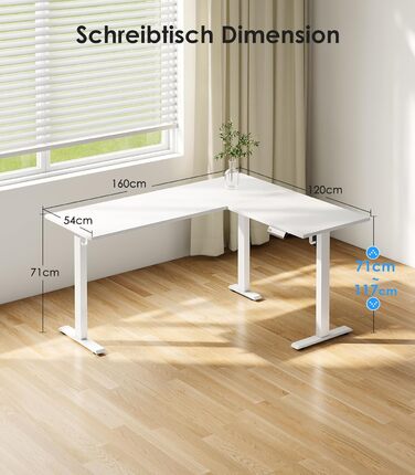 Подібний стіл OffiGo з регульованою висотою, 160 x 120 см, стіл з електричним регулюванням висоти, кутовий стіл, ергономічний стіл для роботи сидячи та стоячи, комп&39ютерний стіл, білий, 160 x 120 см