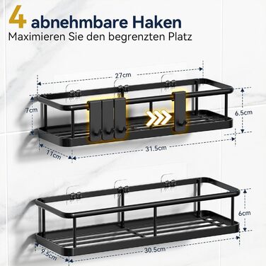 Душова полиця без свердління, Організатор для ванної кімнати, Душова полиця без свердління, Тримач для душу без свердління, Тримач для шампуню для душу, Полиця для ванни без свердління з 4 знімними гачками, Душова полиця чорна
