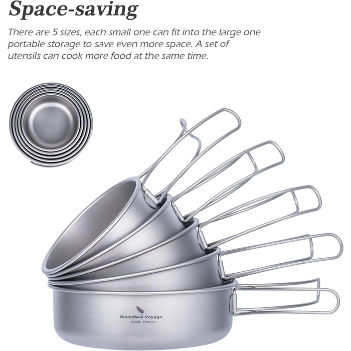 Титановий набір посуду миски, тарілки, кемпінгові горщики, сковорідки зі складними ручками, портативний набір для приготування їжі на відкритому повітрі, легкий посуд Bercher 350 мл 500 мл 600 мл 700 мл 800 мл, горщики, сковорідки, 5 шт. /партія Ti1096T