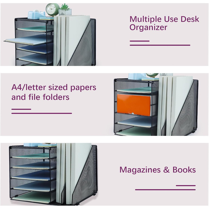 Металевий настільний органайзер, 5-ярусний лоток для паперу та листів з тримачами для файлів, сітчастий настільний органайзер для файлів з тримачем для журналів для зберігання офісних документів, 5 ярусів з 2 тримачами для файлів