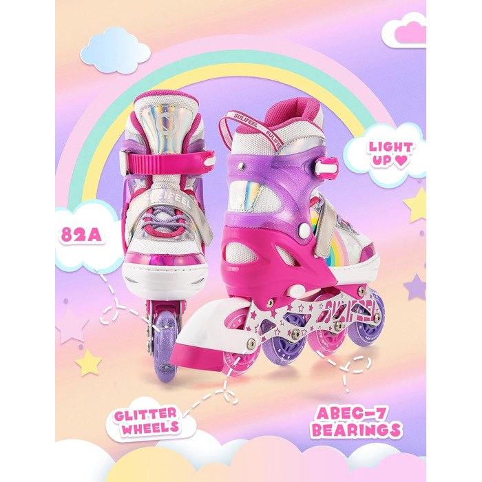 Роликові ковзани SULIFEEL &quotРайдужний єдиноріг&quot чорного кольору з підсвічуванням, для хлопчиків, рожевого кольору, розмір M (32-36 EU / 200-225 мм)