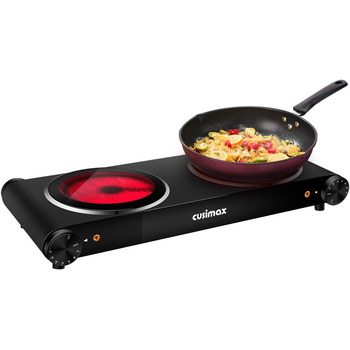 Інфрачервона варильна поверхня CUSIMAX 2 шт. 1200 Вт 1200 Вт Електрична варильна поверхня зі склокераміки, портативні подвійні варильні поверхні з регулюванням температури для зовнішнього/внутрішнього використання, для всіх типів гончарів, чорна нержавіюч