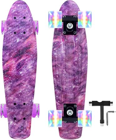 Скейтборд Nattork Mini Cruiser 22" Purple (Lila Stern) – ретро міні-круїзер з LED-підсвічуванням PU коліс, для дітей та початківців