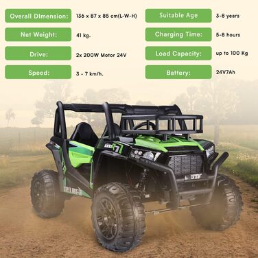 Дитячий електромобіль RIRICAR 24V UTV, зелений, електромобіль для дітей 2-х місцевий з пультом дистанційного керування 2.4 ГГц, дв