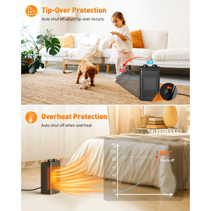 Енергозберігаючий вентилятор-обігрівач, 1500 Вт, 3 режими нагріву, керамічний електричний нагрівальний елемент, коливання 70, захист від перегріву та перекидання, тихий кімнатний обігрівач для використання в офісі, вітальні, спальні