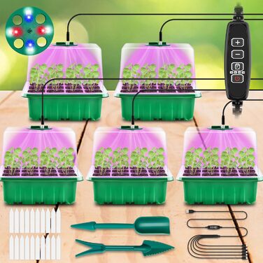 Коробка для розмноження DazSpirit для кімнатної теплиці з 5 упаковками з освітленням, міні-набір для розмноження для теплиць, освітлення рослин із таймером і регульованою яскравістю, лотки для розмноження розсади для теплиць, садівництво