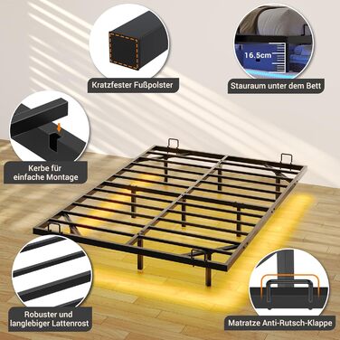 Каркас ліжка DICTAC 140x200 зі світлодіодним освітленням, Ліжко 140x200 з металевою рейковою основою, Плаваючий каркас ліжка 140 x 200 для дорослих з освітленням - Міцний та стійкий, Легке складання, Чорний (без матраца) 140x200 см