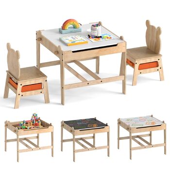 Дитячий стіл DREAMADE 3-в-1 з 2 стільцями, дерев&39яний дитячий комплект сидіння з двосторонньою магнітною дошкою, коробки для зберігання, спинки у формі ведмедика/робота, комплект дитячого столу та стільців, комплект меблів для дитячої кімнати (Ведмідь)