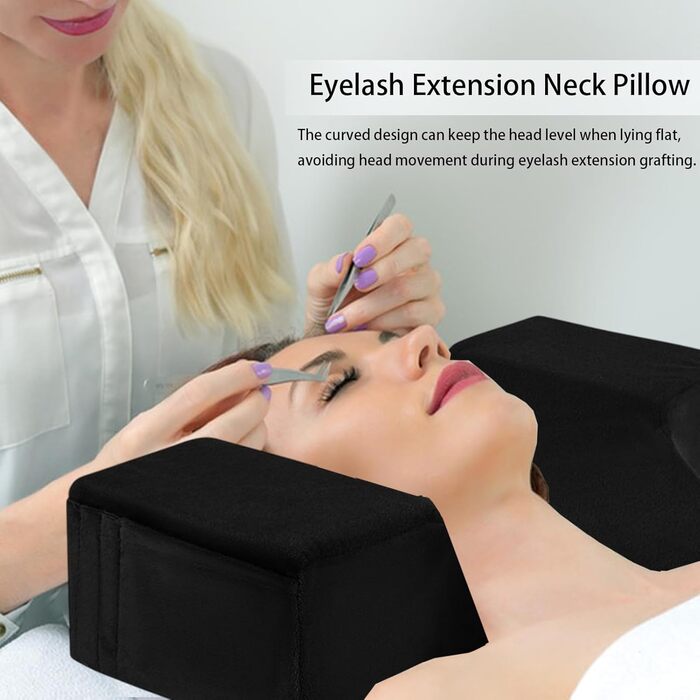 Подушка для вій для нарощування вій, вигнута подушка для шиї, салон краси, нарощування вій, подушка для шийного відділу хребта, ергономічний підголівник з кишенями для підтримки шиї та інструментів, чорна
