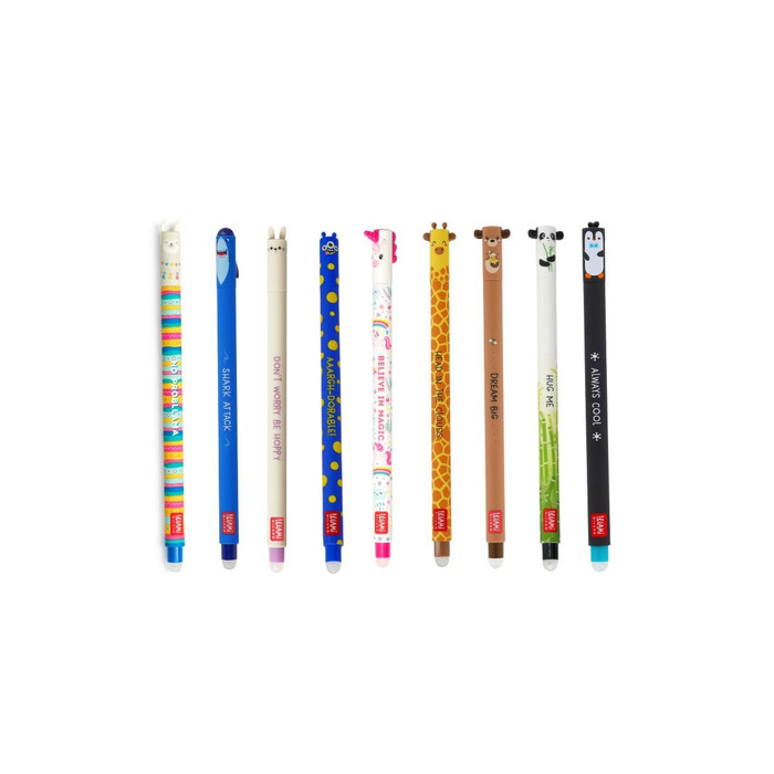 Універсальний набір з 9 гелевих ручок LEGAMI, що стираються, з новими дизайнами ручок-монстрів, у яких зображені акула, жираф, кролик, панда, лама, єдиноріг, пінгвін, плюшевий ведмедик та монстр.