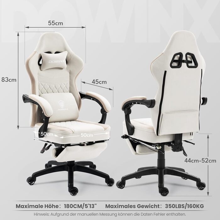 Ігрове крісло Dowinx з тканиною та розсувною та складною підставкою для ніг, ергономічне офісне крісло з гелевою подушкою та пружинною подушкою з кишеньковим механізмом, масажне ігрове крісло для дорослих, бежевого кольору Deluxe