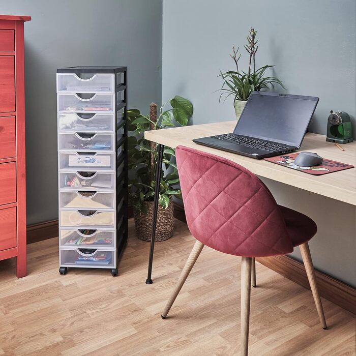 Пластикова шухляда на колесах, 10 плоских шухляд, Чорна, Висувні ручки, Для спальні, школи та офісу, Без вмісту бісфенолу, Висувна