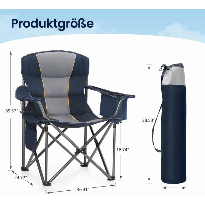 Складаний кемпінговий стілець HIGH POINT SPORTS, комплект з 2 шт. , вантажопідйомність 200 кг, м&39який складний стілець з підсклянниками, XXL складний рибальський стілець з підлокітниками, вуличний стілець, синій