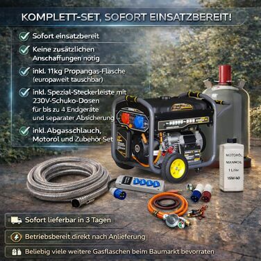 Двопаливний генератор 10 кВА ПОВНИЙ КОМПЛЕКТ Бензиновий та пропановий аварійний генератор 230/400 В Мобільний, включаючи подовжувач на 4 контакти, газовий балон та аксесуари