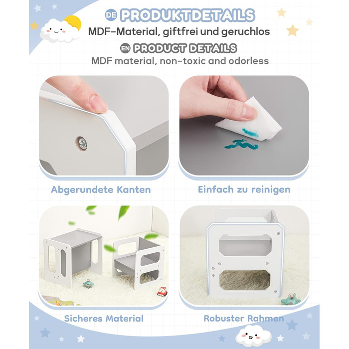 Комплект столу та стільців Yorbay для дітей, Дитячий стіл з 1 стільцем, Дитячий комплект сидіння 3 в 1 - Двосторонній стілець та дитяча лавка, що трансформується в робочу станцію, Дитячі меблі (Сірий, M) Сірий середній