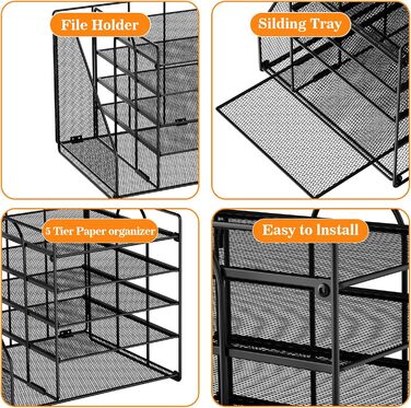 Органайзер для столу з тримачами для файлів, 5-рівневий органайзер для поштових скриньок, органайзер для робочого столу та місце для зберігання, сітчастий органайзер для столу та аксесуари для домашнього офісу, чорний, 5-рівневий - чорний