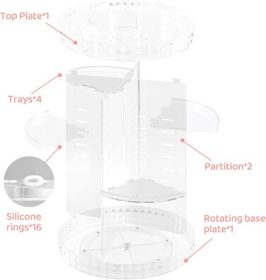 Поворотна косметична вітрина, 6 регульованих рівнів, прозорий органайзер для макіяжу, обертовий органайзер для догляду за шкірою, 4 рівні частини
