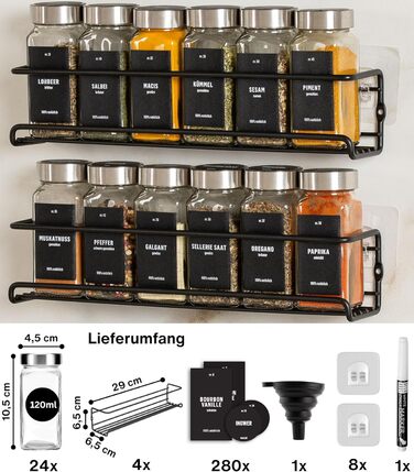 Настінна підставка для спецій Deco haus (свердління не потрібне) З 24 БАНКАМИ ДЛЯ СПЕЦІЙ ТА ЕТИКЕТКАМИ - Підвісна підставка для спецій, комплект з 4 шт. - Чорний тримач для спецій (свердління не потрібне) - Органайзер для спецій - Кришки з нержавіючої ста