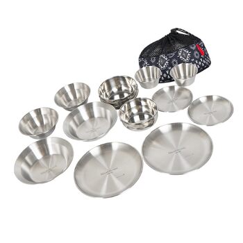 Набір туристичного посуду з нержавіючої сталі на 12 осіб, сріблястого кольору, штабельований, для подорожей та щоденного використання, ідеальний для кемпінгу та пікніків