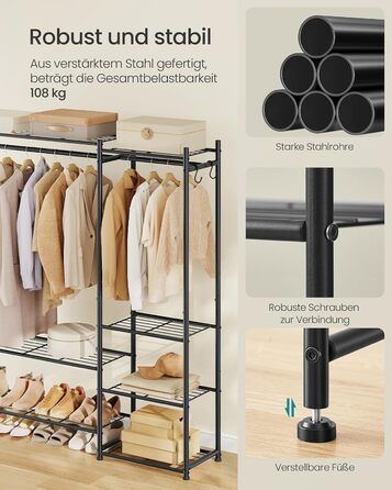 Вішалка для одягу SONGMICS, Відкрита шафа, Вішалка для пальто з 7 полицями, 2 вішалки для одягу, 4 S-подібних гачки, Металевий каркас, для спальні, вітальні, вхідної зони, Чорний LGR010BZ01 124.8W см