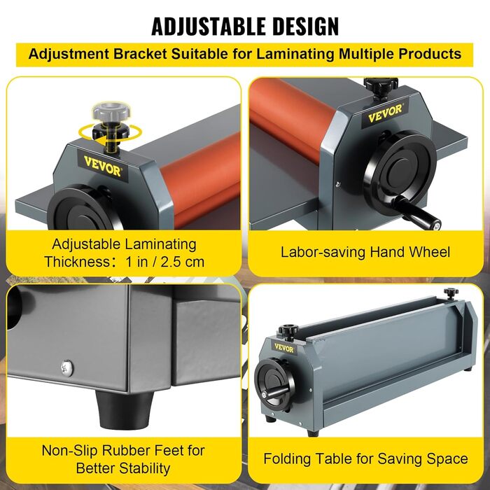 Ручний ламінатор VEVOR Холодний ламінатор 1000 мм зі складаним столом для фотоплівки, виготовлений з товстого заліза з м&39якими гумовими роликами, чотирма нековзними регульованими гумовими ніжками для фото- та рекламних копіювальних центрів