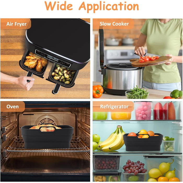 Силіконова фритюрниця Аксесуари, складні силіконові форми для Ninja Foodi AF400EU/SL400EU/Cookwise і всі 7.6-9.5 л фритюрниці Dual Zone з магнітною кулінарною книгою (чорна, 2 шт. )