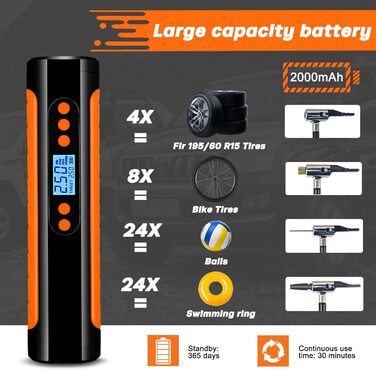 Електричний повітряний насос Maebol 150 PSI, портативний насос для шин 2000 мАг Повітряний насос Повітряний компресор з точним РК-екраном для автомобіля, велосипеда, мотоцикла, баскетболу, футболу