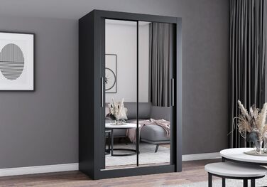 Шафа з дзеркалом - Шафа з розсувними дверима - Шафа для спальні - 64 x 120 x 215 см - Шафа для вітальні - Вішалка для одягу - Чорна шафа з двома дверима, сучасна 120 см чорного кольору