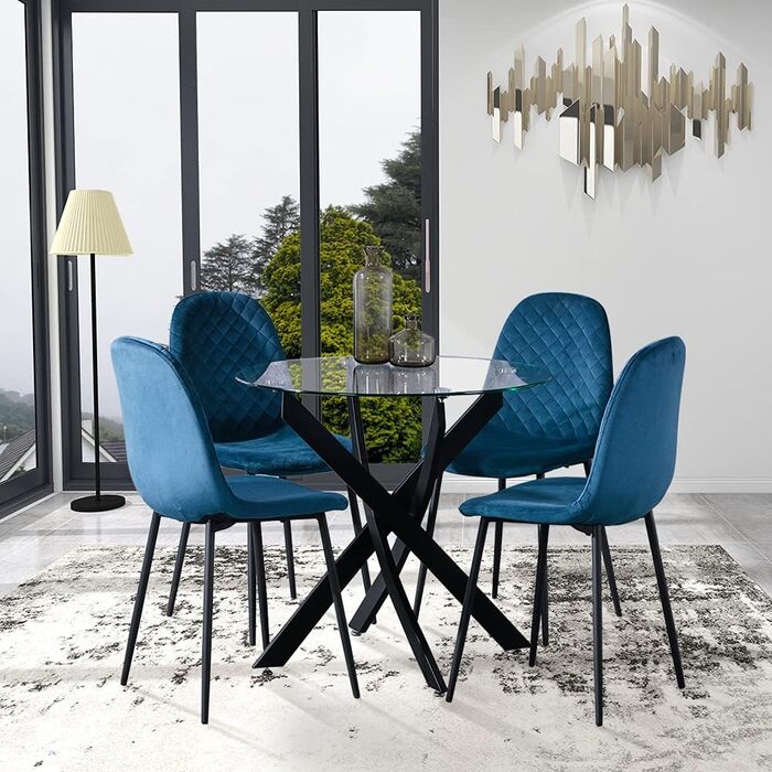 Круглий скляний обідній стіл GOLDFAN, сучасний кухонний стіл, дизайнерський скляний обідній стіл для їдальні та вітальні, 4-6 осіб, 90 см, чорний, 90x90x75 см