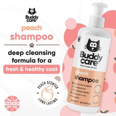 Шампунь для котів Buddycare Peach Шампунь для глибокого очищення Фруктовий аромат з алое вера та вітаміном B5 500 мл