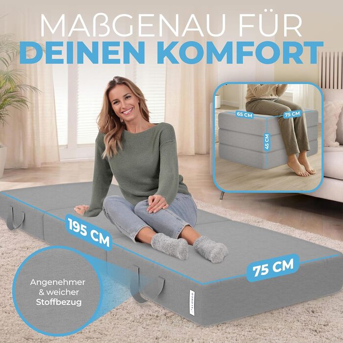Матрац ELONEO Folding, гостьовий матрац, 3-секційний розкладний матрац, надзвичайно товста піна (15 см), можна прати, ортопедична подушка, складний, складний матрац, для дорослих (сірий, 75 x 195 x 15 см) 75 x 195 x 15 см сірий