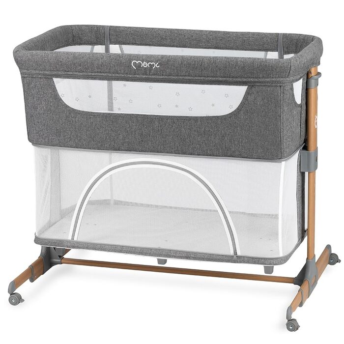 Дитяче ліжечко Momi SMART Bed 4-в-1 до 15 кг, приліжкове ліжечко для немовлят з матрацом, регульована висота, сірого кольору, одномісне