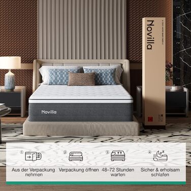 Матрац Novilla 140x200, H3 7-зонний пружинний матрац з кишеньковою структурою для цілеспрямованої підтримки, хвилеподібний шар комфортної піни для покращеної повітропроникності, сертифікований Oeko-Tex, висота 25 см x 25 см, 140 x 200 см