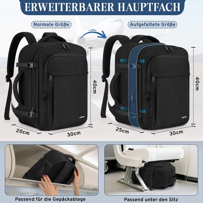 Рюкзак для ручної поклажі, розширювана дорожня сумка від 24 л до 30 л, водонепроникний рюкзак для ручної поклажі з вологим відділенням, ручна поклажа Ryanair 40x30x20 для 15-дюймового ноутбука для Ryanair, Lufthansa, чорний 40x30x20 см