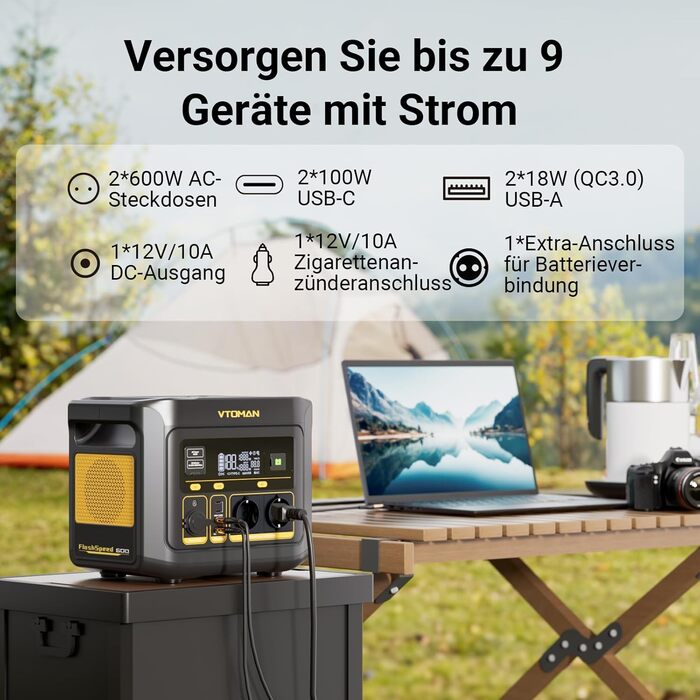 Портативна електростанція VTOMAN FlashSpeed 600 600 Вт (пікова потужність 1200 Вт) - сонячний генератор 499 Втгод, LiFePO4, мобільний накопичувач енергії, 100 Вт USB-C, швидка зарядка 60 хв 0-80 для кемпінгу, риболовлі, автофургона