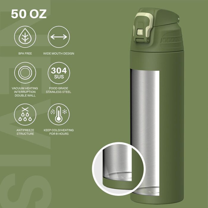 Пляшка для води SANTECO із запобіжником протікання, термопляшка з нержавіючої сталі 1,5 л без BPA, ізольована пляшка з футляром для перенесення, пляшка для води, яку можна мити в посудомийній машині, для подорожей та кемпінгу, мохово-зелена 1500 мл